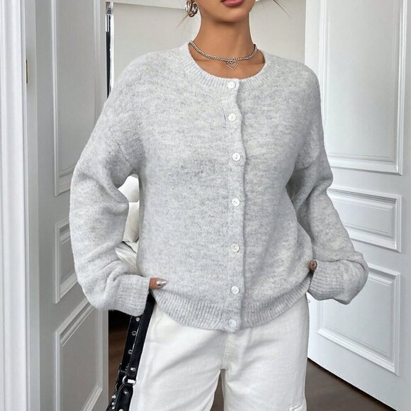 Grey Casual Women's Drop Shoulder Button Front Cardigan - Picture 5 of 7